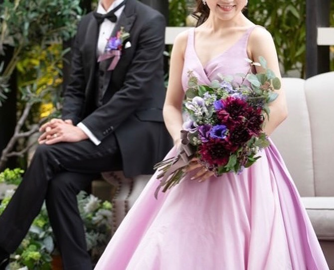 結婚式ブーケ（高級造花）ブーケ教室作品事例　ピンクのお色直し用＆ブートニア