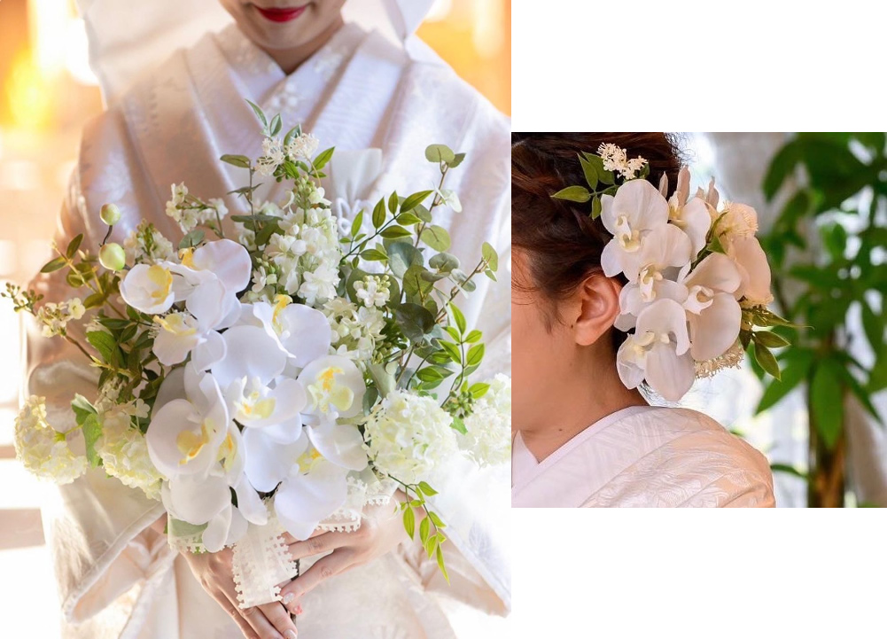 和装結婚式　豪華な白い胡蝶蘭のブーケと髪飾りのセットオーダー